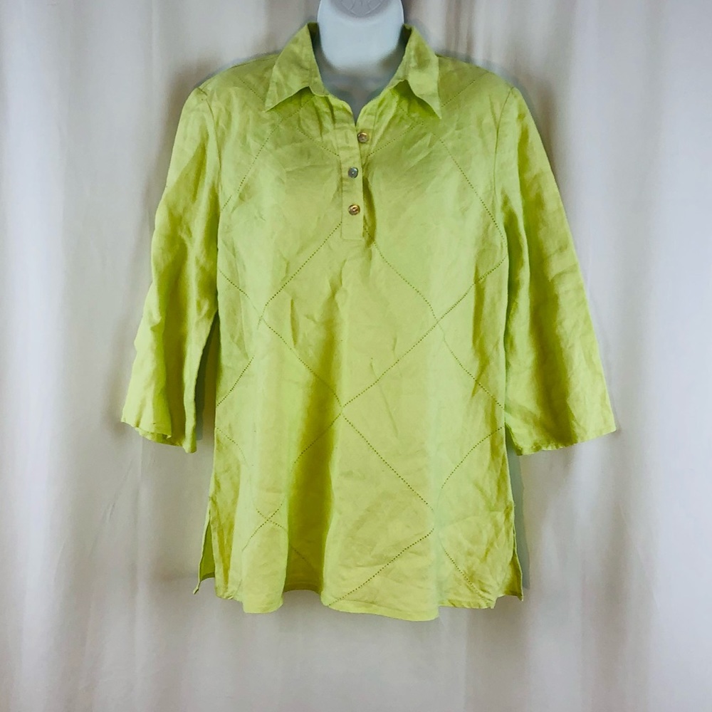 Edward Linen Collared Half Button 3/4 Sleeve Top L - image 1